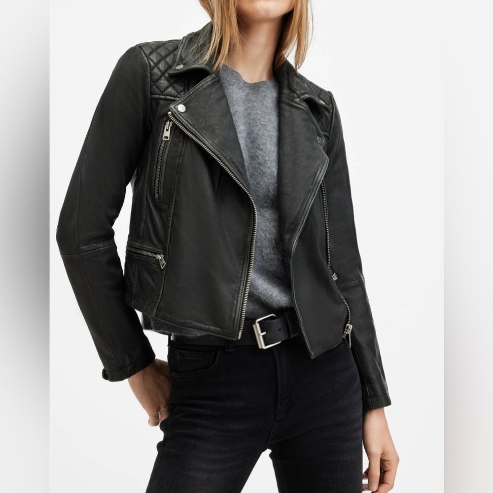 NWT ALL‎ SAINTS | Black Cargo Distressed Leather Biker Jacket XS 2